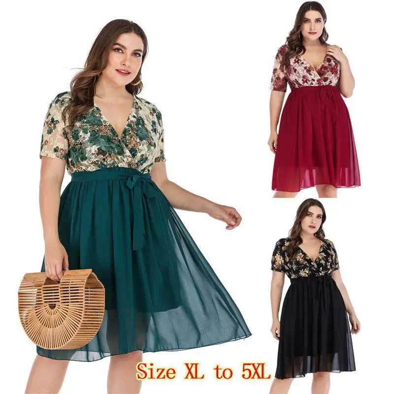 Plus Size Dress Women Short Sleeve Evening Gown Fat Dress 5XL
