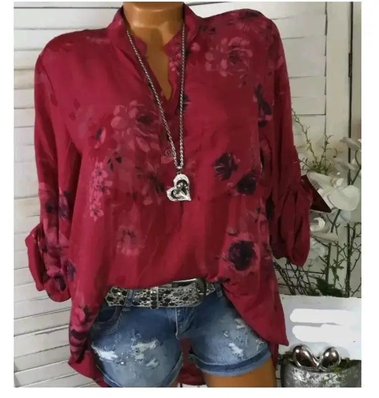 Plus Size Summer Tops Women Blouses Long Sleeve Print Stand Collar Button Blouse Pullover Women Clothing Shirt