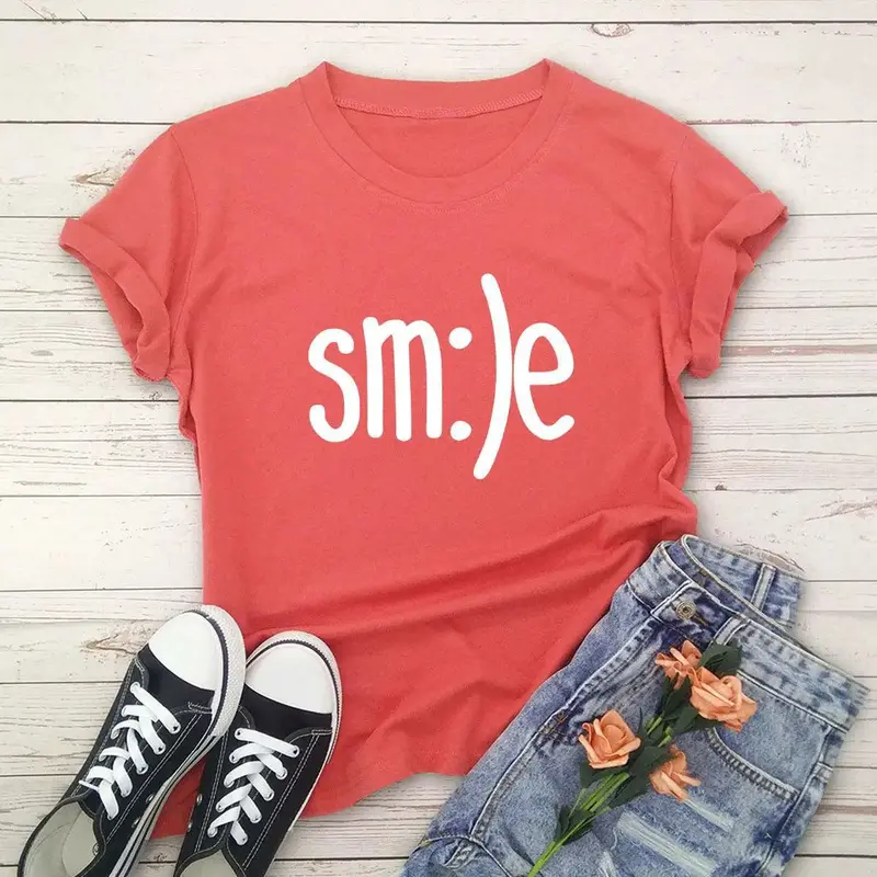 Plus Size TShirt Women New Smile Letter Printed Shirt O Neck Short Sleeve Tees Summer Top 100%cotton Women's T-shirts