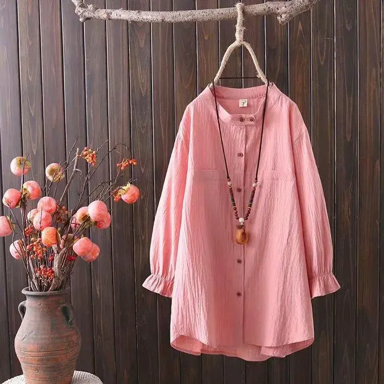 Plus Size Women's Spring Dress New Ladies Loose Large Literary Retro Three-quarter Sleeve Shirt