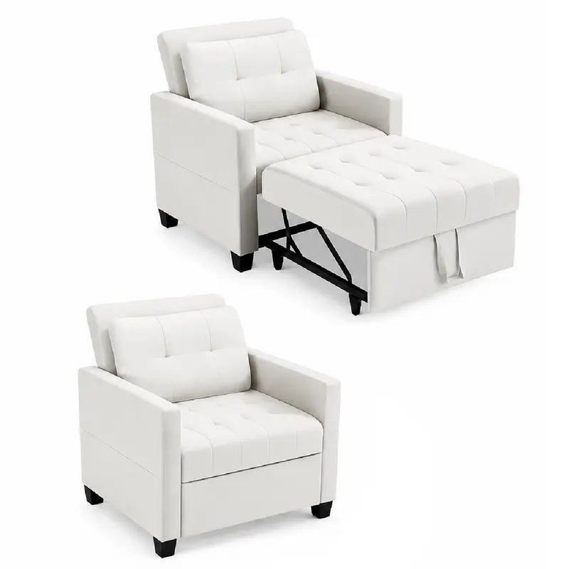Poltrona 3 in 1 Divano Letto Relax con Chaise Lounge Reclinabile in Tessuto Beige