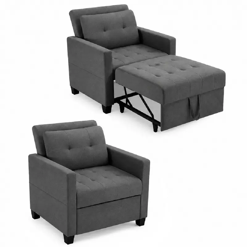 Poltrona 3 in 1 Divano Letto Relax con Chaise Lounge Reclinabile in Tessuto Grigio