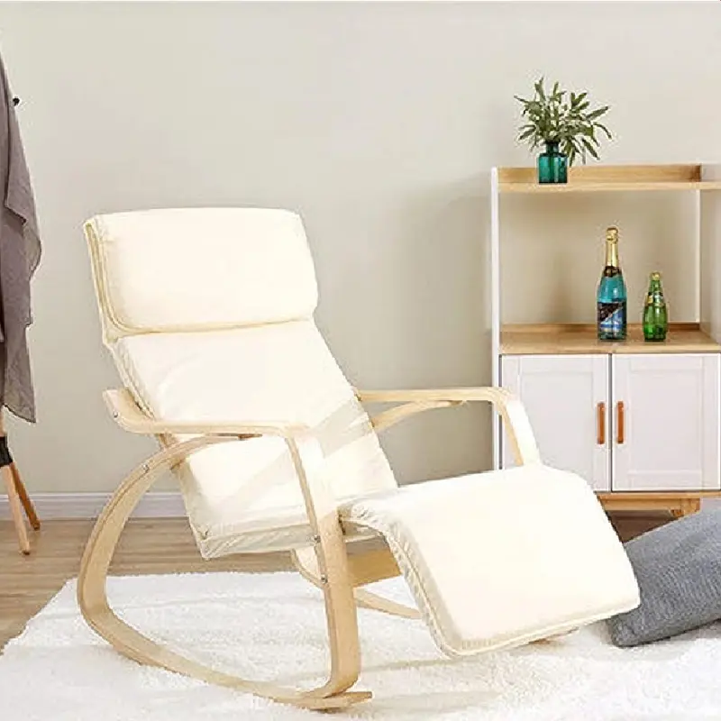 Poltrona a Dondolo in legno di Betulla con Poggiapiedi Regolabile 67x120x90cm Beige