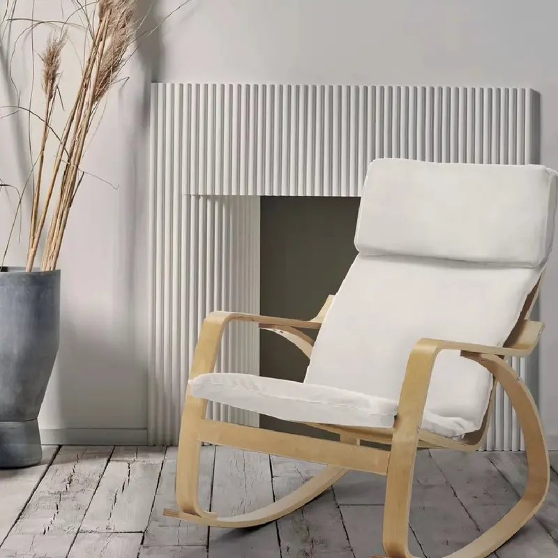 Poltrona a Dondolo Moderna legno Betulla Sedia Relax Cotone Beige Poggiatesta