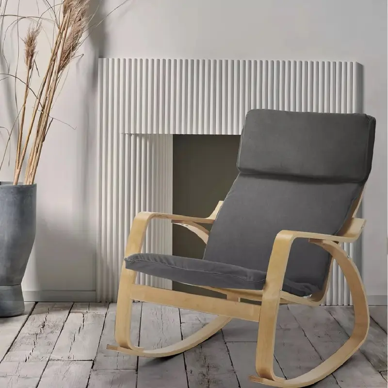 Poltrona a Dondolo Moderna legno Betulla Sedia Relax Cotone Grigio Poggiatesta