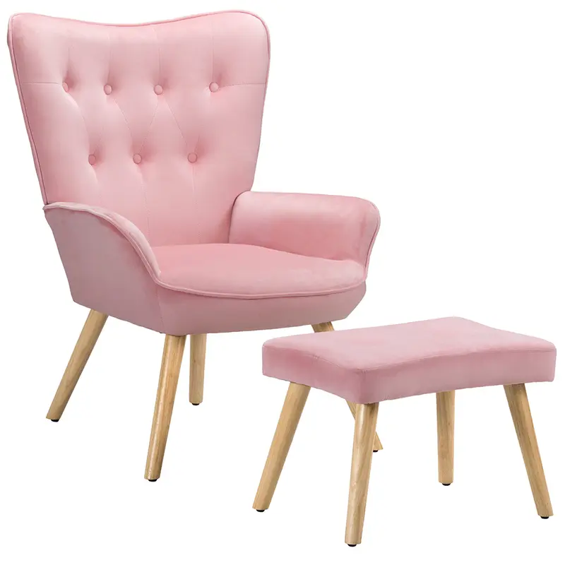 Poltrona Arredo con Sgabello Poggia Piedi Salotto Ufficio Velluto Moderno Rosa