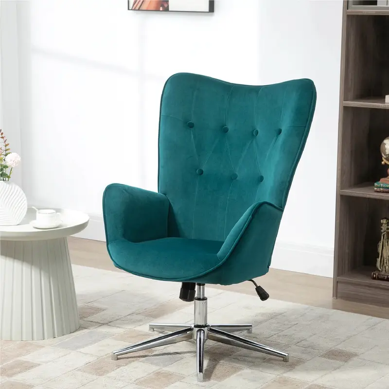 Poltrona Moderna Salotto Ufficio Velluto, Girevole Altezza Regolabile Blu
