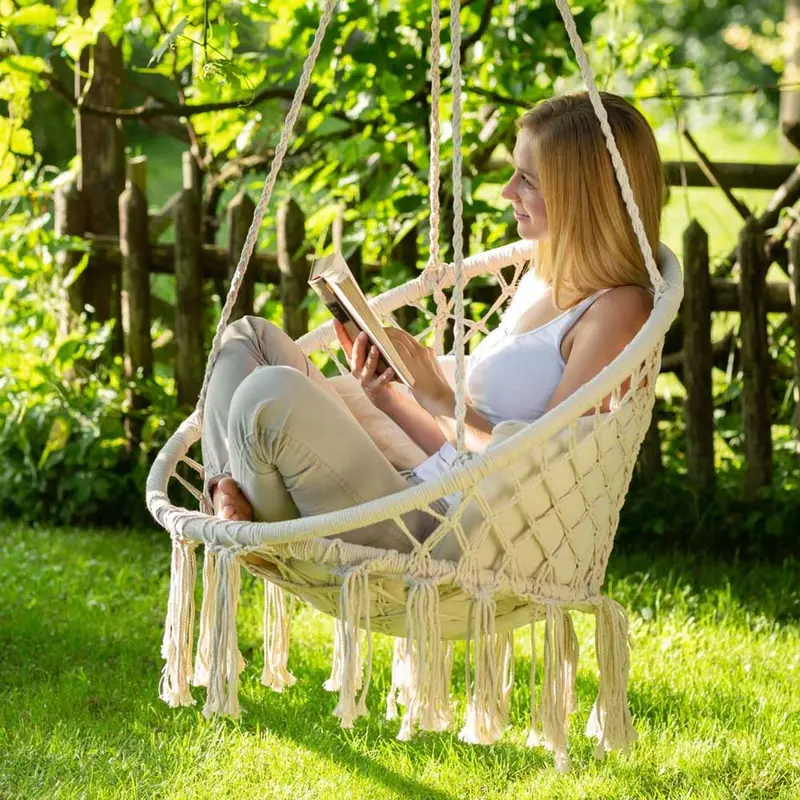 Poltrona Sospesa Giardino con Cuscino Sedia Dondolo Pensile Amaca in Tessuto Beige