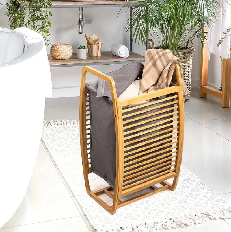 Porta Biancheria in Legno Bambù Sacco Tessuto Estraibile 40x35 H 61cm Grigio