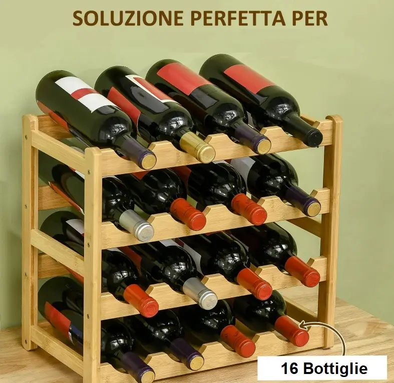 Porta Bottiglie Cantinetta Legno Bambù 4Piani 16 Scomparti 43x25 H43cm Casa Bar