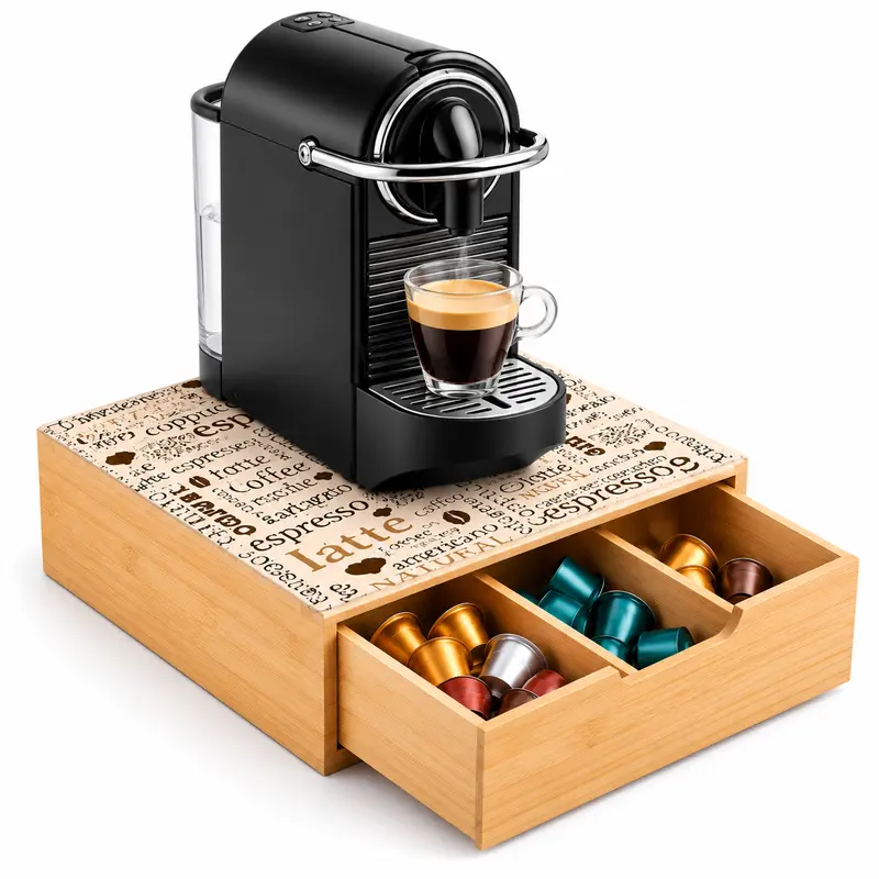 Porta Capsule e Cialde in Bambù con Cassetto e Piano in Vetro Temperato 30x30 cm