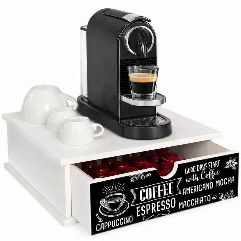 Porta Cialde e Capsule Caffè 33x33 cm in Legno con Cassetto Organizer – Piano Antimacchia e Decorazione Coffee Artigianale – Perfetto per Cucina, Casa e Ufficio