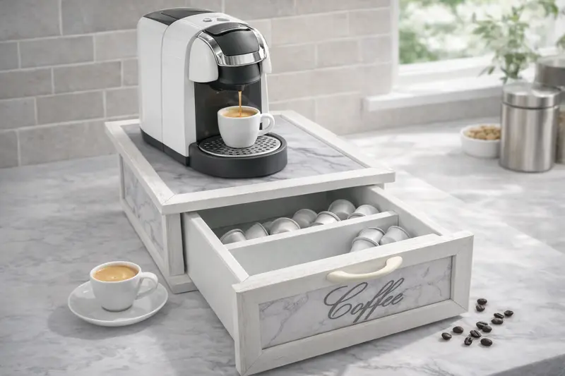 Porta Cialde e Capsule Caffè in Legno con Cassetto a 2 Scomparti – Organizer Shabby Chic con Scritta “COFFEE” – Vari Colori