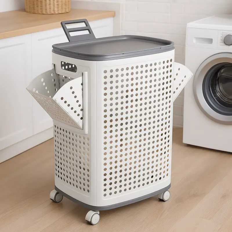 Portabiancheria con Ruote 60L Bianco Cassetti Separatori Anti Odore con Coperchio Rimovibile