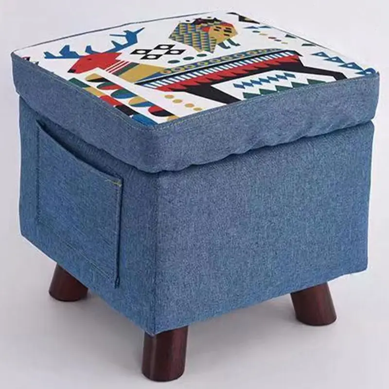 Pouf Cameretta Contenitore in Tessuto Poggiapiedi Porta Giocattoli Blu