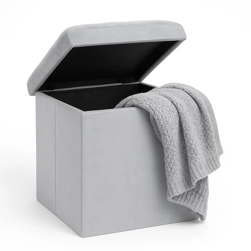 Pouf Pieghevole in Velluto Grigio 38x38x38 cm Salvaspazio con Coperchio Design Moderno