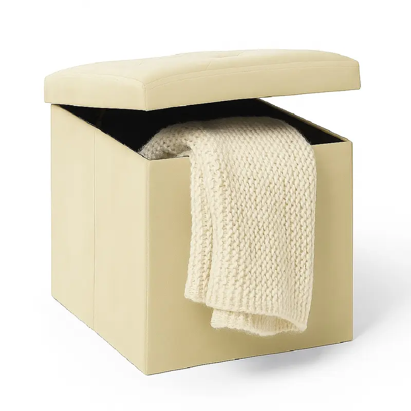 Pouf Pieghevole in Velluto Tortora 38x38x38 cm Salvaspazio con Coperchio Design Moderno