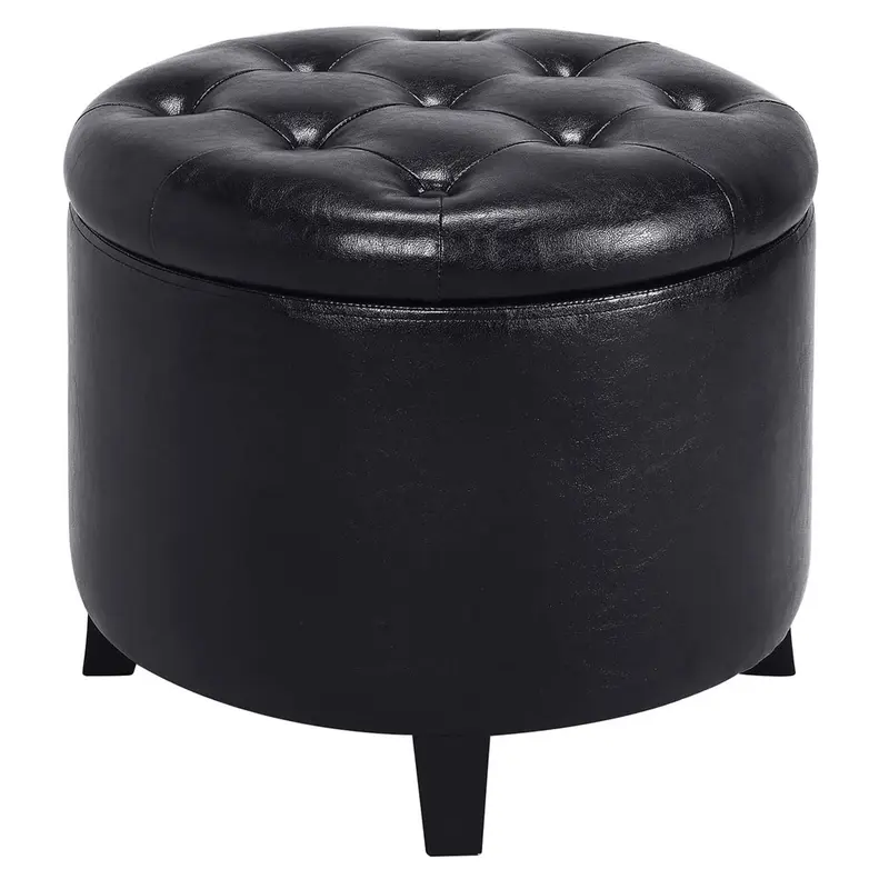Pouf Sgabello Contenitore in Legno e Ecopelle Trapuntato Poggiapiedi Nero 51x51x43