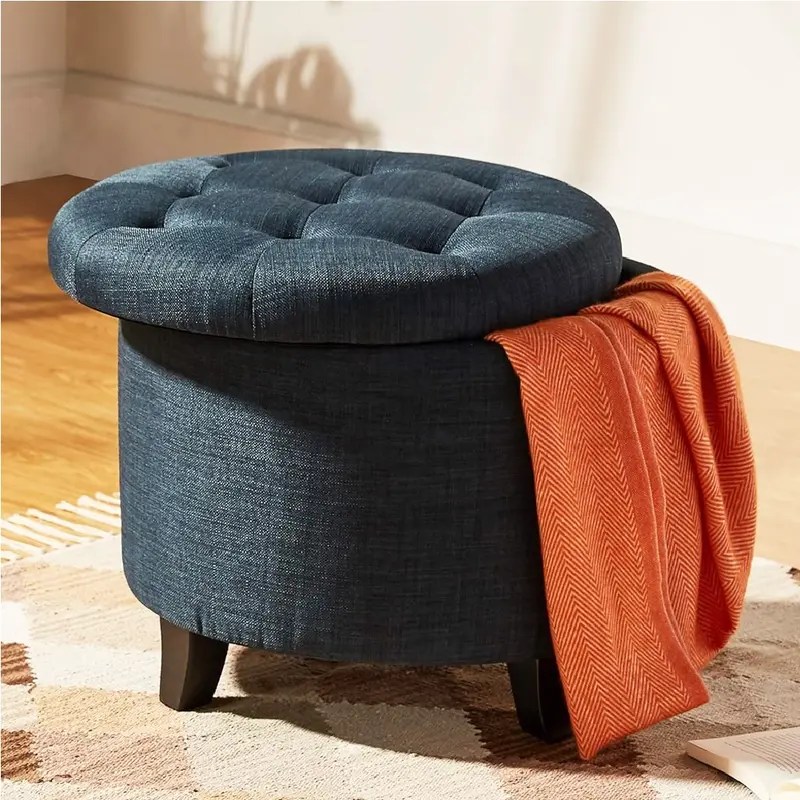Pouf Sgabello Contenitore in Legno e Tessuto Trapuntato Poggiapiedi Blu 51x51x43
