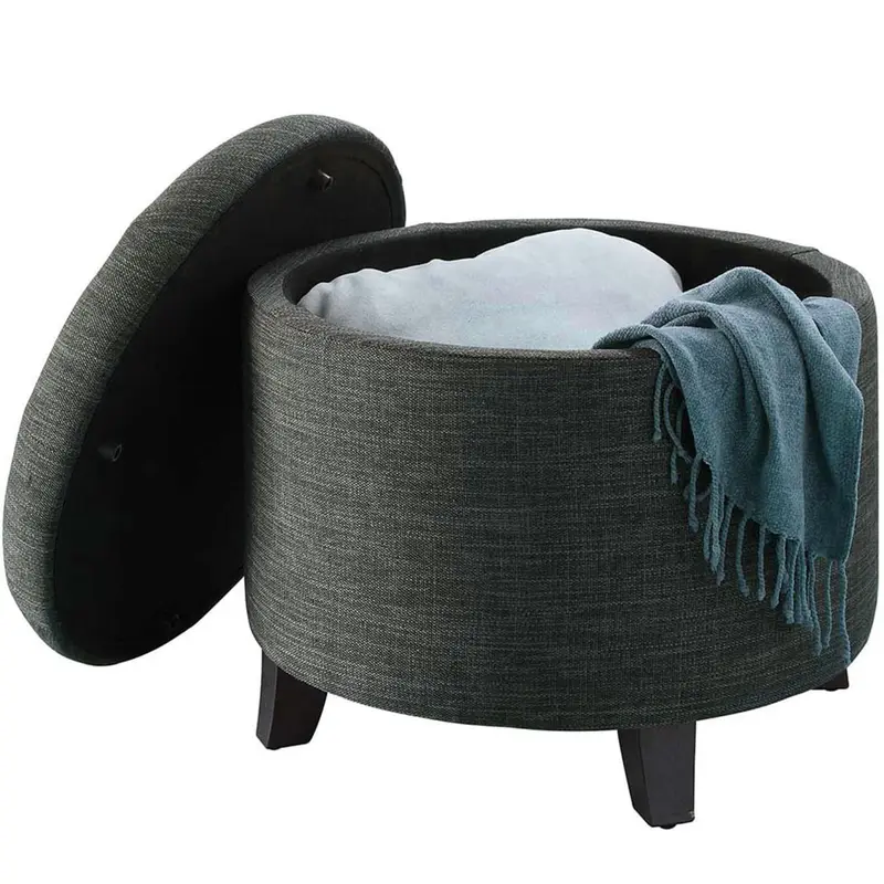 Pouf Sgabello Contenitore in Legno e Tessuto Trapuntato Poggiapiedi Grigio 51x51x43