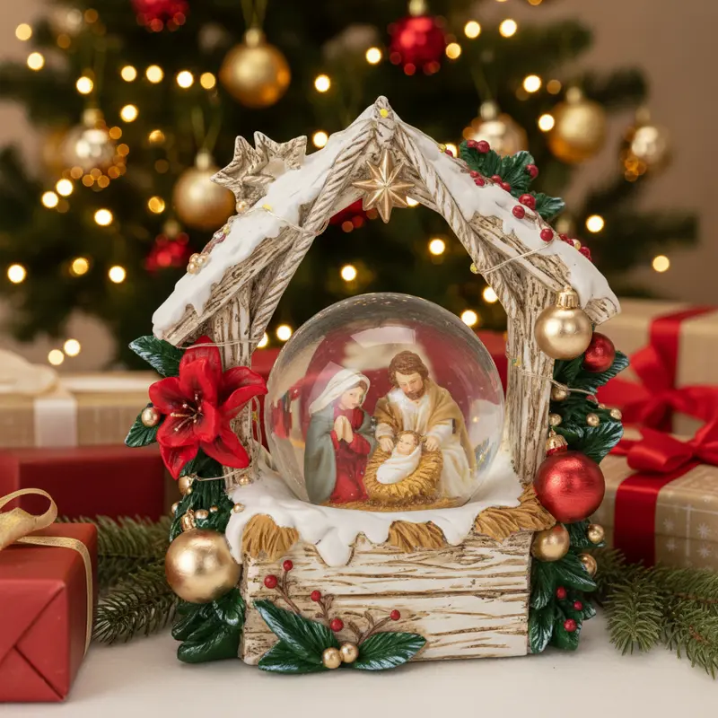Presepe Snow Globe con Arco in Legno Bianco