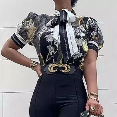 Printed chain shirt bow puff sleeve