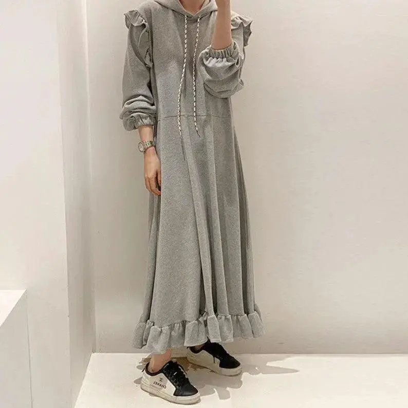 Pullover Dress Thickened Hooded Ruffled Long