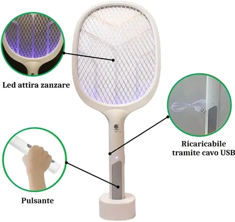 Racchetta Elettrica Anti Zanzare USB Ricaricabile Luce UV Anti Insetti