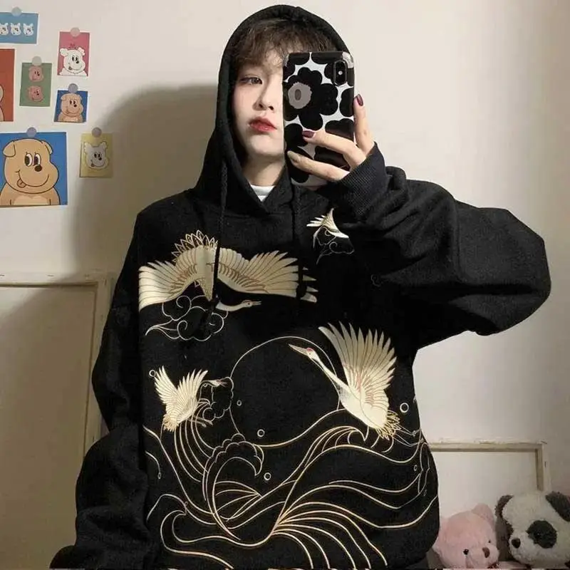 Retro Crane Print Loose Hooded Plus Velvet Sweater Women Plus Size Coat