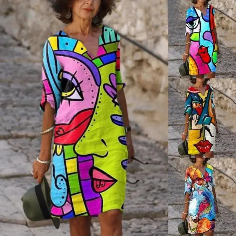 Retro Eye Print Dress V-neck Mid-length Sleeve