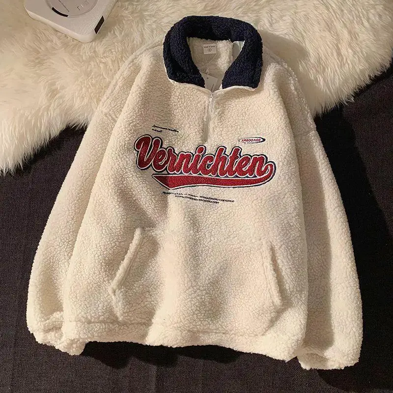 Retro Lapels Embroidery Half Zipper Cashmere Hoodie