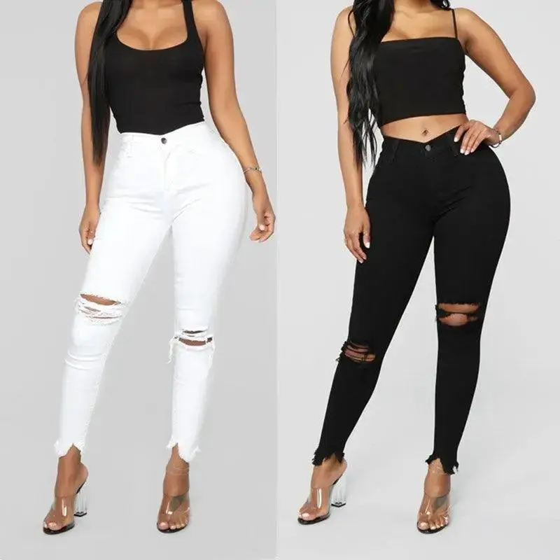 ripped solid denim long pants