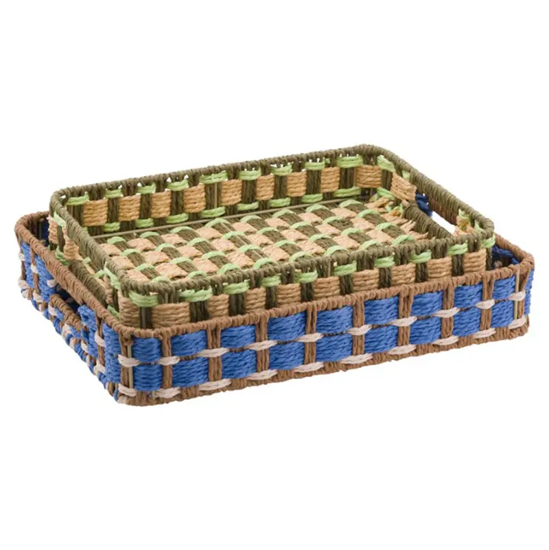Rituali Domestici Set 2 Vassoi in metallo e carta blu/verde "INCARTA" L33/38 cm