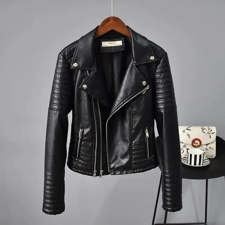 Rivet Suit Collar Women Washed PU Leather Jacket
