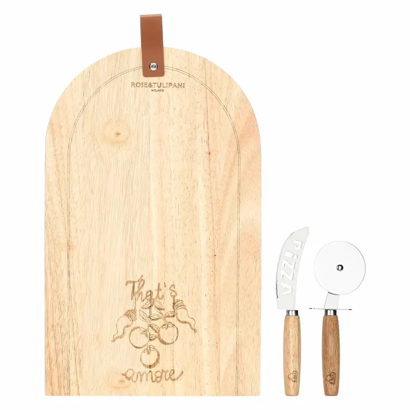 Rose e Tulipani Tagliere Pizza in legno con accessori "Aumm" 40x25x1,5 cm