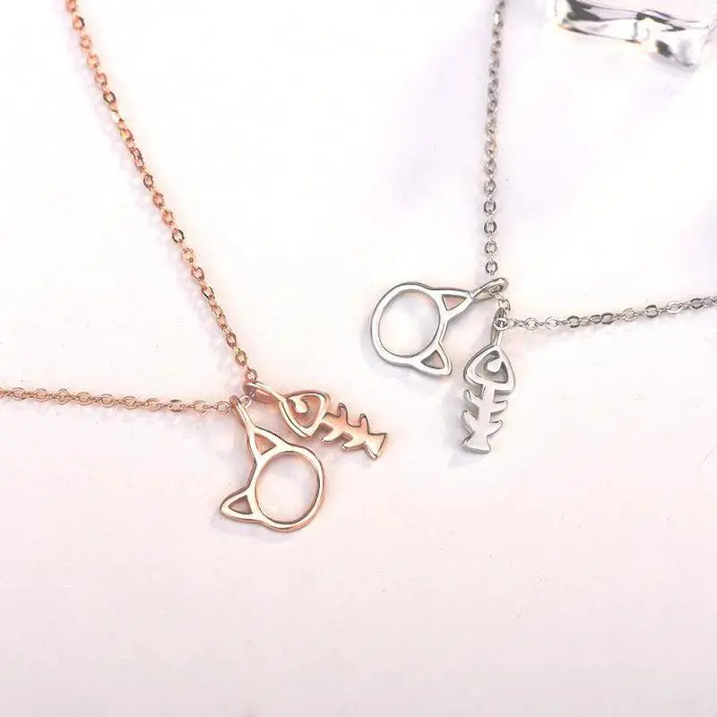 Rose Gold Plated Animal Kids Jewelry 925 Sterling Silver Cute Cat And Fish Bone Necklace