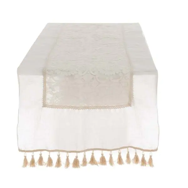 Runner Centrotavola in Misto Lino e Pizzo con Frange Blanc Mariclo' Collezione Dentelle