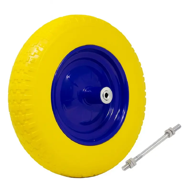 Ruota Piena Antiforatura Carriola 35cm PU Gialla con Asse Acciaio 17cm Resistente