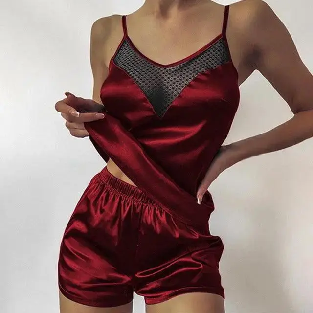 Satin Pajamas Lace Pijama Nightie Sleepwear Home Clothes Tops And Shorts Women's Silk Pajamas Solid Color Pajama Set