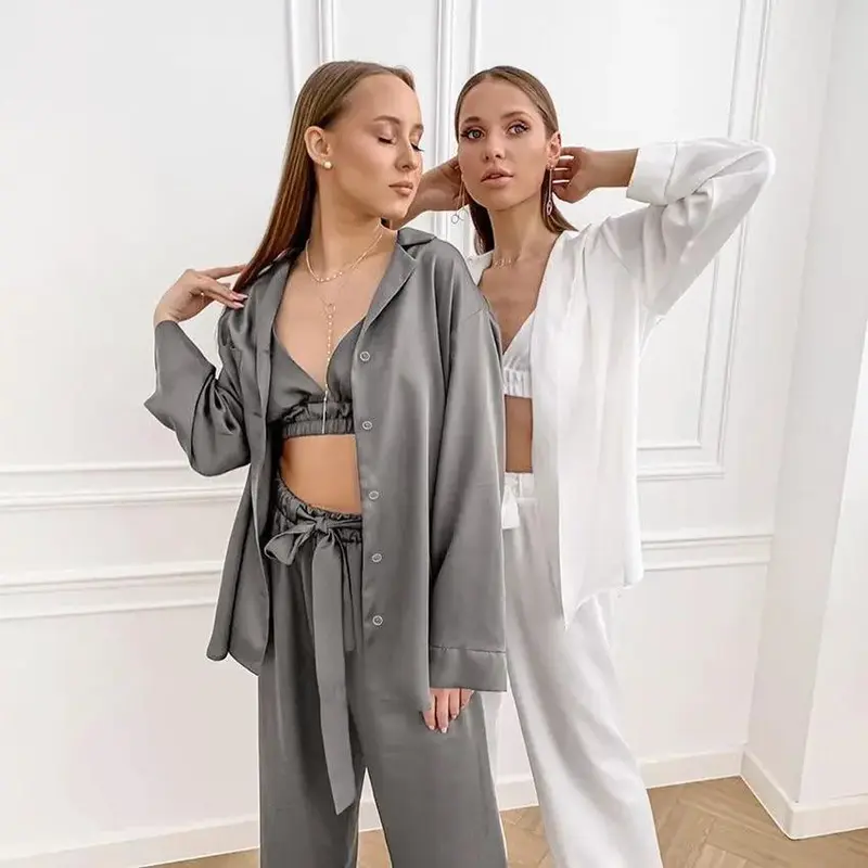 Satin Shirt Trousers Bow Fringe Three-Piece Pajamas