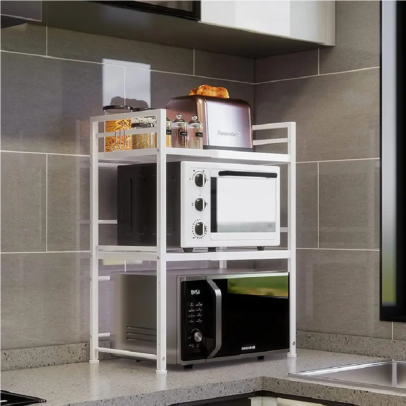 Scaffale Estensibile Porta Microonde 2Ripiani Cucina Metallo Bianco 40-60x30H80cm