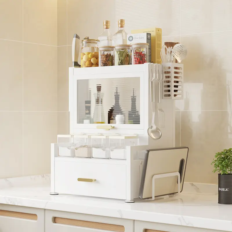 Scaffale in Metallo con Vetrinetta e Cassetto Salvaspazio per Cucina o Soggiorno