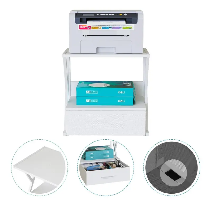 Scaffale Supporto Ufficio Porta Stampante con Cassetto Metallo e Legno Bianco 54cm