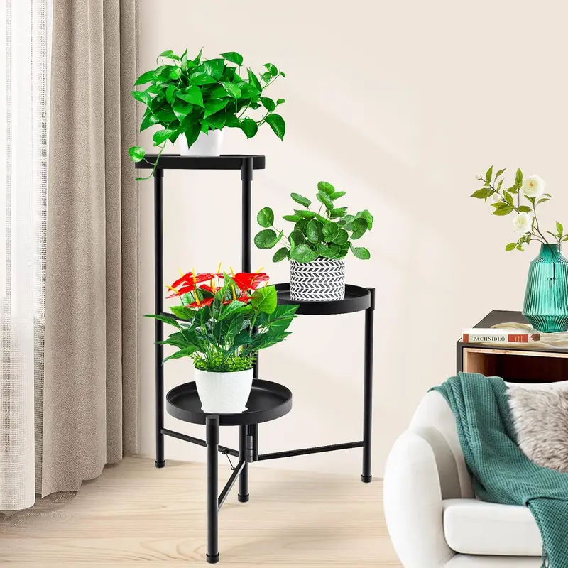 Scaffale Tavolino Porta Piante 3 altezze Metallo Nero 32x46 H 62 cm Moderno
