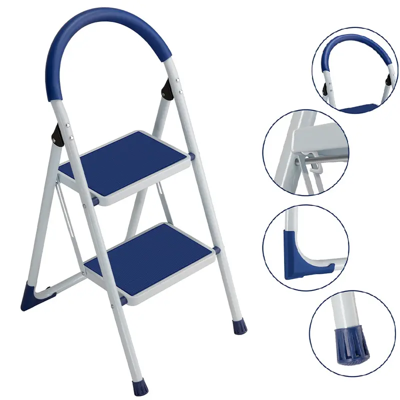 Scala Sgabello Pieghevole 2 Gradini Antiscivolo Metallo Verniciato max 150kg Blu