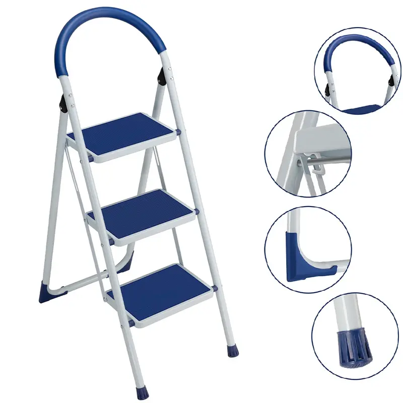 Scala Sgabello Pieghevole 3 Gradini Antiscivolo Metallo Verniciato max 150kg Blu