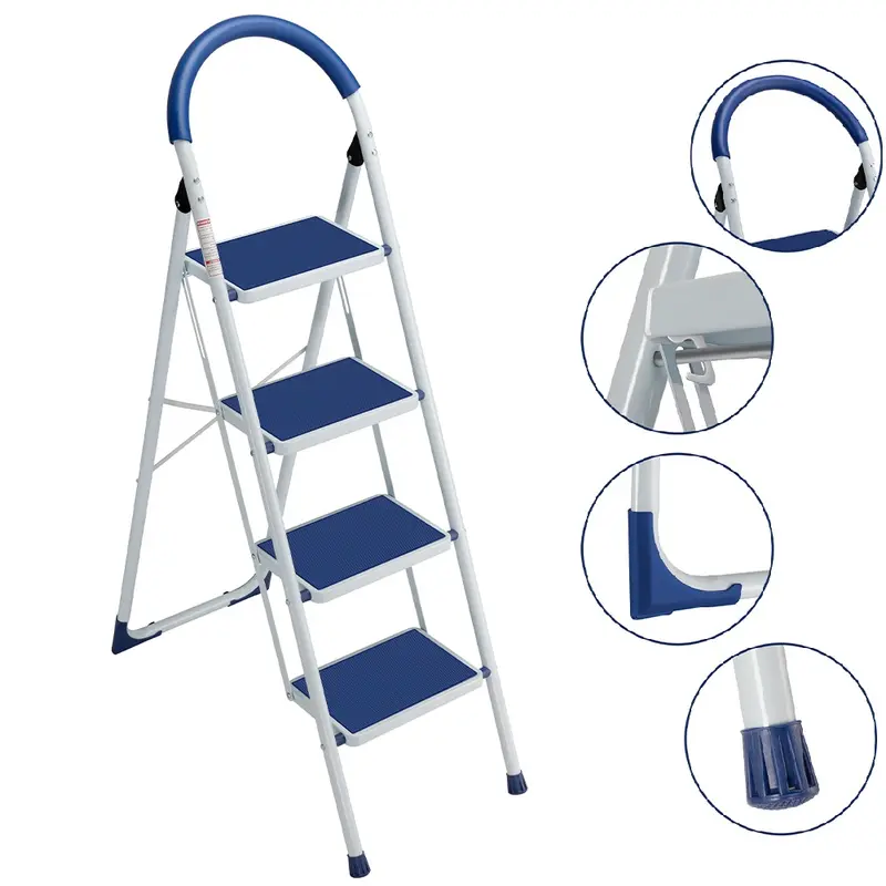 Scala Sgabello Pieghevole 4 Gradini Antiscivolo Metallo Verniciato max 150kg Blu