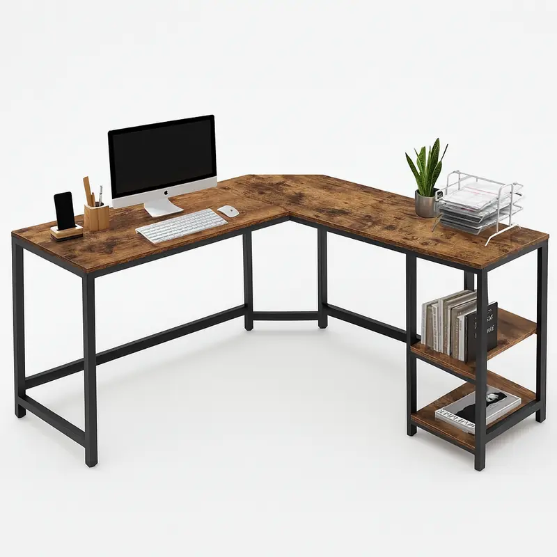 Scrivania Angolare Porta PC Stile Industriale con Libreria in Metallo e Legno mdf