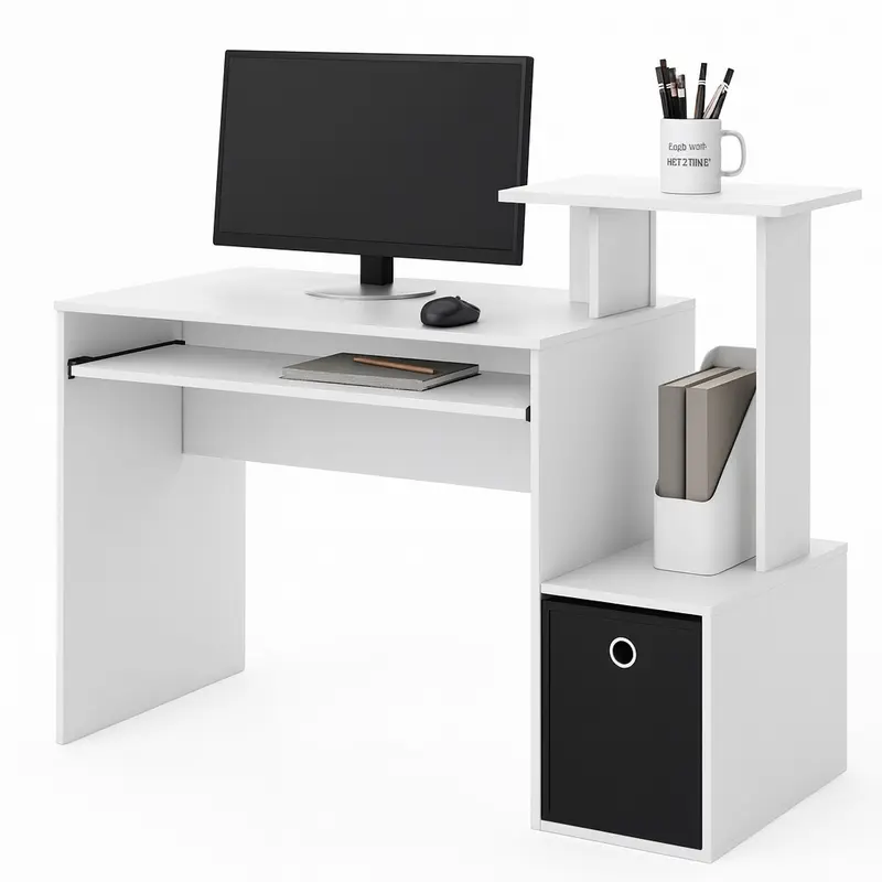 Scrivania con Cassetto in Tessuto Tavolo Porta PC Computer con Mensola Bianco