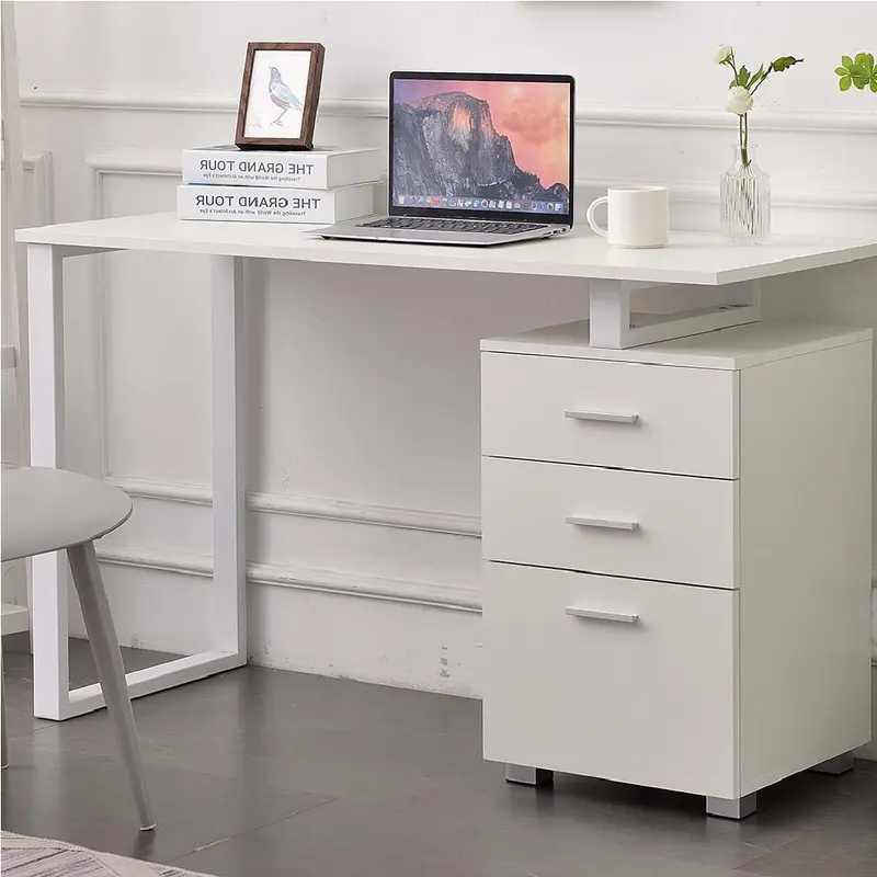 Scrivania in Legno con Cassettiera integrata Porta Pc Computer 120x50cm Bianco